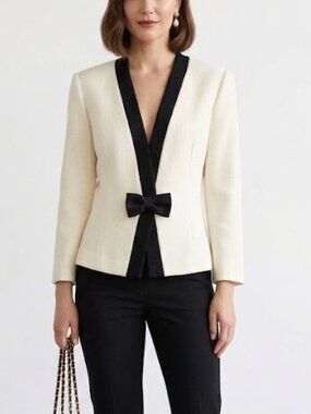 Vintage Outlander Suit Ivory & Black Bow Blazer Open Front Jacket Size 8